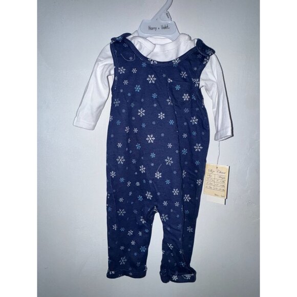 Harry & Violet Babys Snowflake Print Navy Blue Romper With White Long Sleeve Top - Picture 1 of 4
